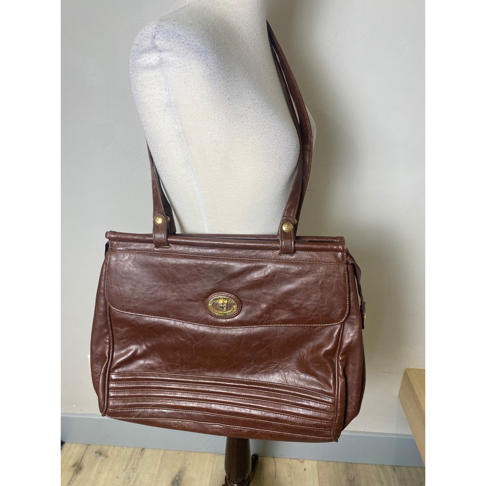 Bulaggi Metropolitan Fashion Vintage Brown Leather Shoulder Bag Tote Gold Crest